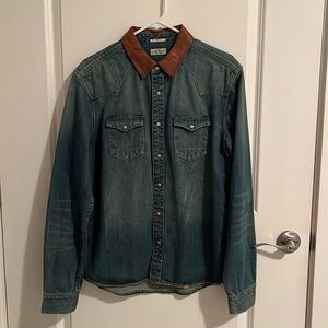 All Saints Beaumont Western Shirt in Blue Denim with Brown Leather Trim